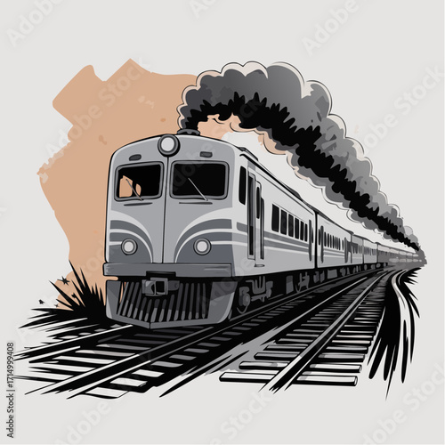 unaway train rounding curve charcoal sketch with glitch noise and sepia wash