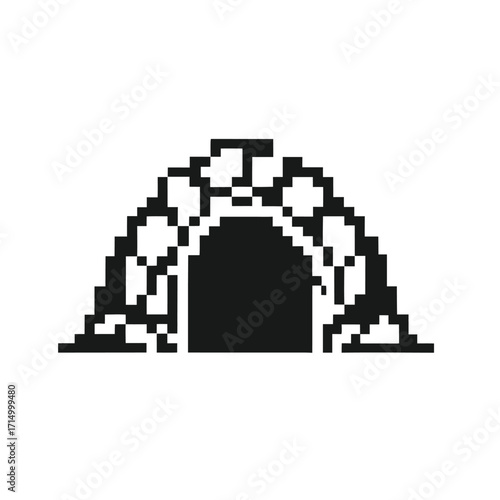 Pixelated stone archway entrance shows a rustic, retro feel with its stark black and white pixels
