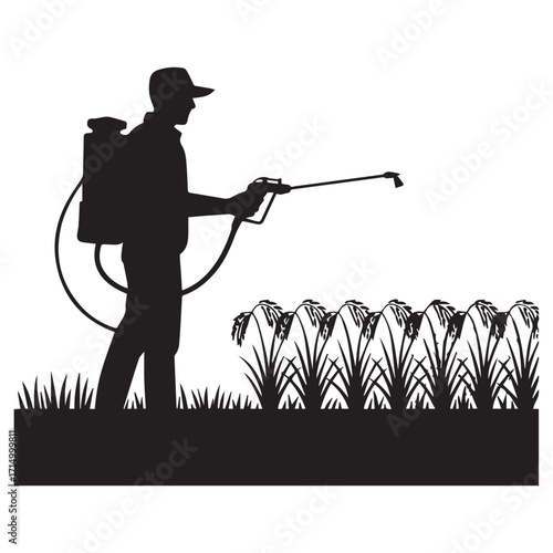 Silhouette of a farmer wearing a backpack sprayer applying pesticides to a field of crops at sunset or sunrise