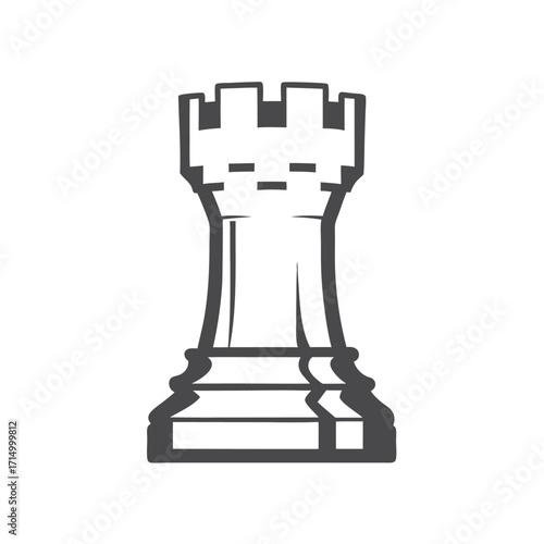 Rook chess piece is shown in simple black and white silhouette form clearly