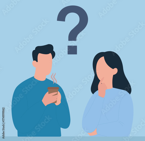 Two characters in thoughtful poses beneath a question mark, symbolizing curiosity, decision-making, and shared contemplation.
