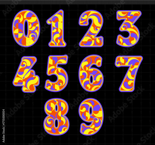 Colorful psychedelic vector numbers with abstract curves in orange, yellow, and purple. Retro and vibrant decorative font design perfect for sports graphics, fashion prints, or digital artwork.