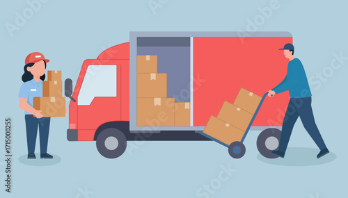 Efficient teamwork in logistics—two movers coordinate box transfers with a delivery truck, highlighting organization and collaboration.