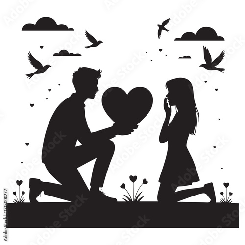Silhouette of a man proposing to a woman with a heart shape against a backdrop of clouds and birds in flight