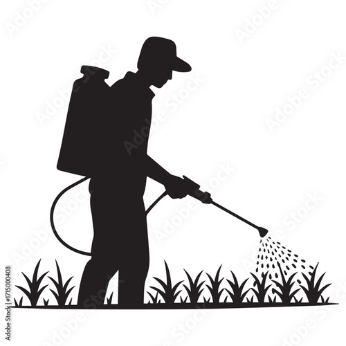 Silhouette of a person wearing a backpack sprayer applying liquid to green grass in a field for pest control or lawn care