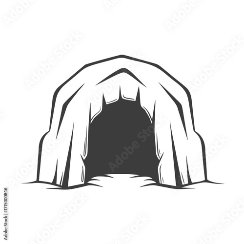 Simple monochrome stone cave entrance with jagged edges leading to darkness, isolated