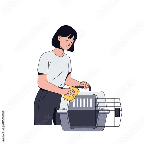Woman cleaning pet carrier with sponge in home environment  