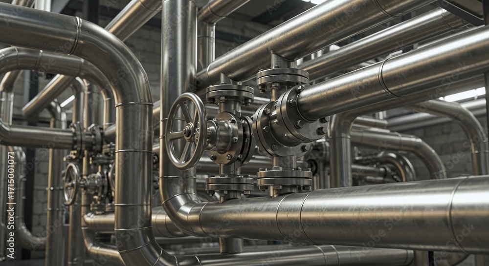 Naklejka premium Large pipeline with a bolted flange, part of a major civil engineering project.Concept of civil infrastructure and pipeline construction.