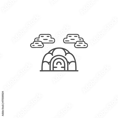 Simple outline presents an igloo with arctic clouds above on a white backdrop