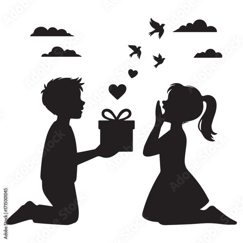 Silhouette of a young boy on his knees offering a gift box to a surprised girl with a heart and birds flying above