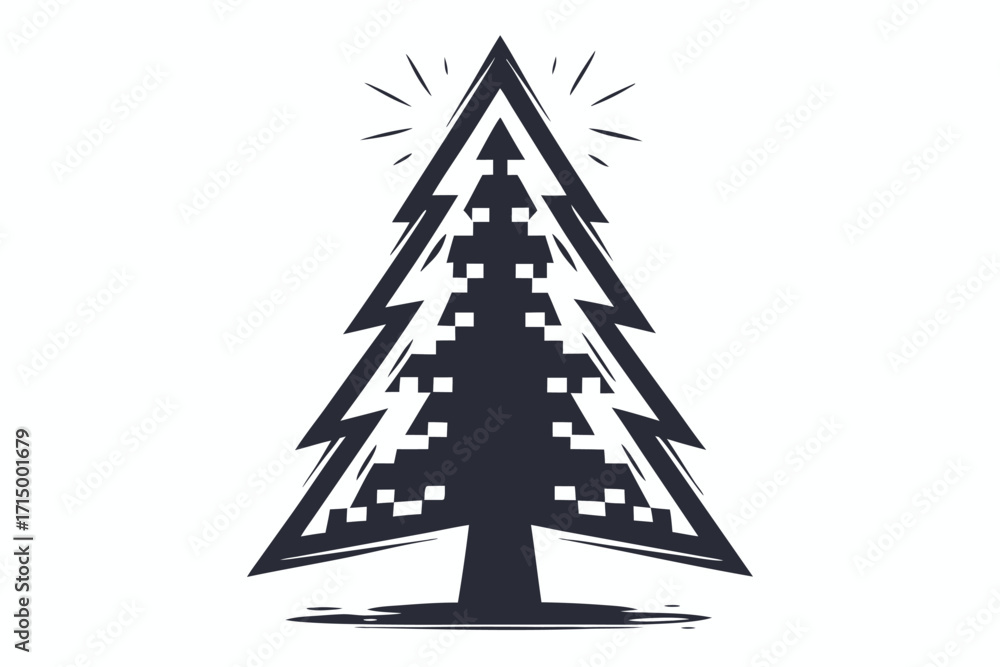 Fototapeta premium Single pine tree with pixels and light rays in dark silhouette against white