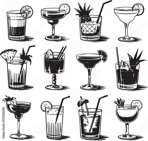 Vector Cocktail Glasses Set – Black and White Drink Illustrations