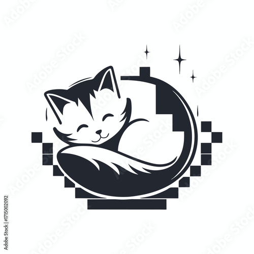 Smiling feline curled in pixel art style sleeps peacefully near stars in dark monochrome