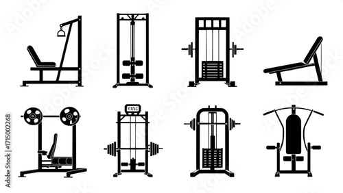 "Collection of eight simple black vector silhouettes of gym machines, presented in a minimal graphic style with balanced spacing."