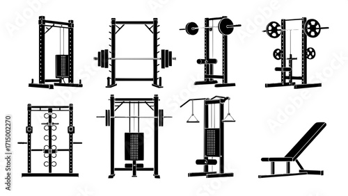 "Collection of eight simple black vector silhouettes of gym machines, presented in a minimal graphic style with balanced spacing."