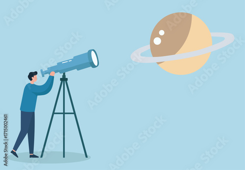 A curious observer peers through a telescope at a ringed planet, capturing the wonder of space exploration in a minimalist daytime scene.