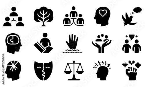 Psychology and Mental Health Glyph Icon Set – Therapy, Counseling, Meditation, Support, Human Mind Symbols