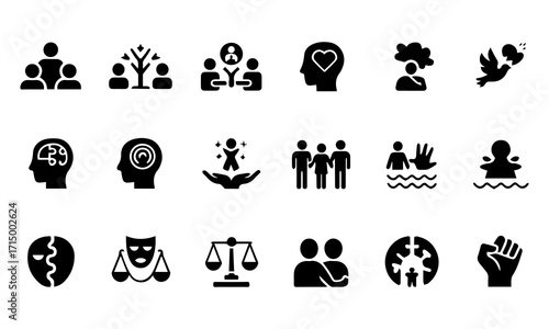 Psychology and Mental Health Glyph Icon Set – Therapy, Counseling, Meditation, Support, Human Mind Symbols
