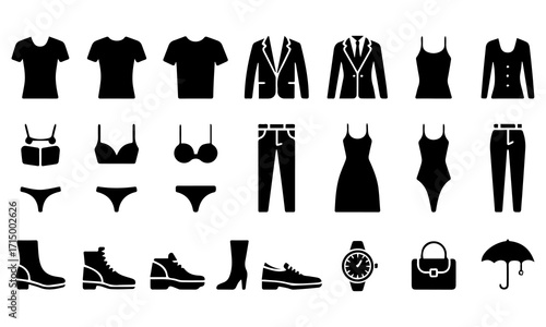 Clothing and Fashion Icon Set – Apparel and Accessories Silhouette Collection