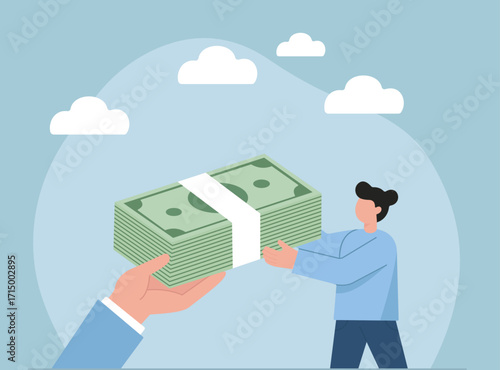 A stylized hand gives cash to a person, symbolizing payment, financial support, or economic exchange in a clean, minimal style.