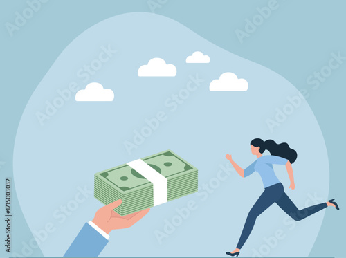 A businessperson races toward a giant hand offering cash—symbolizing ambition, urgency, and pursuit of financial opportunity.