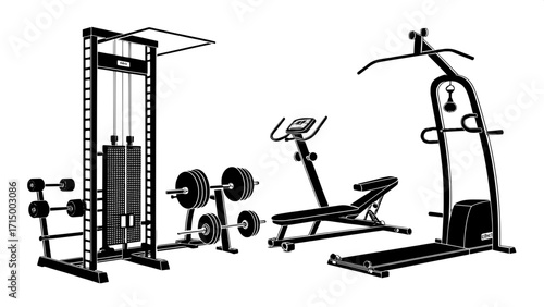 "Flat black silhouettes of workout machines on a white background, resembling a professional gym equipment icon pack."
