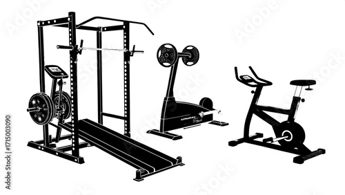 "Flat black silhouettes of workout machines on a white background, resembling a professional gym equipment icon pack."