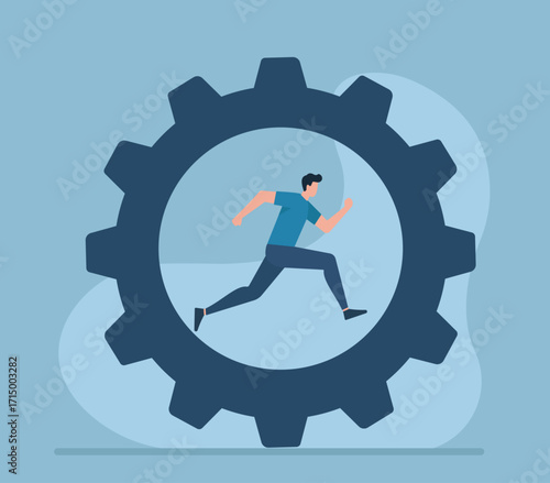 A lone figure runs inside a gear, symbolizing relentless effort, routine cycles, and the pursuit of progress within structured systems.