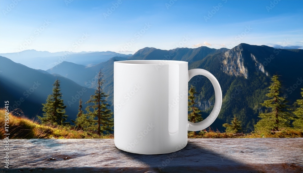 Obraz premium Empty White Coffee Mug Mockup With Mountain Background