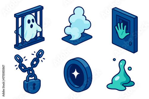 isometric spooky effects icons , ghost in jail, mist, haunted handprint, locked chain, magic token, slime