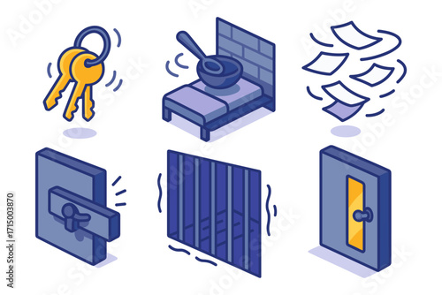 isometric jail security icon set , key ring, prison bed, flying papers, locked door, prison bars, steel door