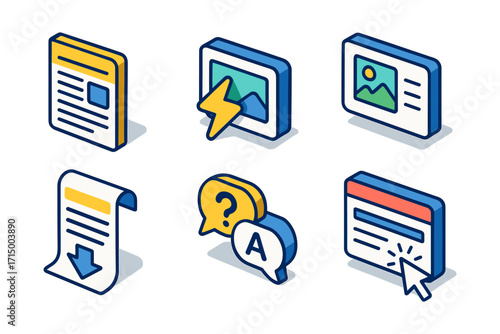 isometric web content icons: article, image, faq, download