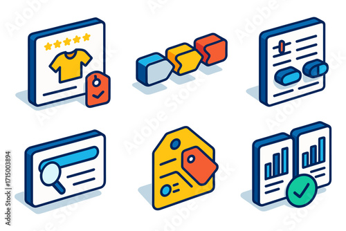 isometric ecommerce and analytics icon set , product page with rating, workflow blocks, pricing sheet, search bar, price tag, report