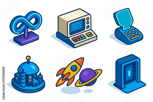 isometric future tech icon set ,infinity sign, retro computer, handheld scanner, rocket with planet, portal door