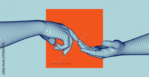 Hands reaching towards each other. Concept of human relation, togetherness or  partnership. 3D vector illustration. Can be used for advertising, marketing or presentation.