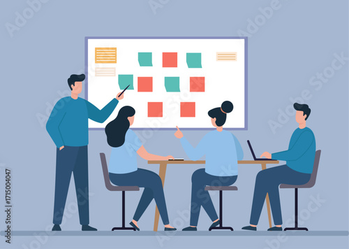 Team collaboration in action—brainstorming, planning, and organizing tasks using a colorful sticky-note workflow on a shared board.