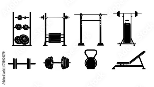 "Clean vector design of eight gym equipment silhouettes, evenly spaced, rendered in simple flat black with a modern minimalist aesthetic."