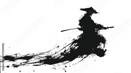 Abstract ink brush illustration of samurai warrior with sword in traditional Japanese sumi painting style