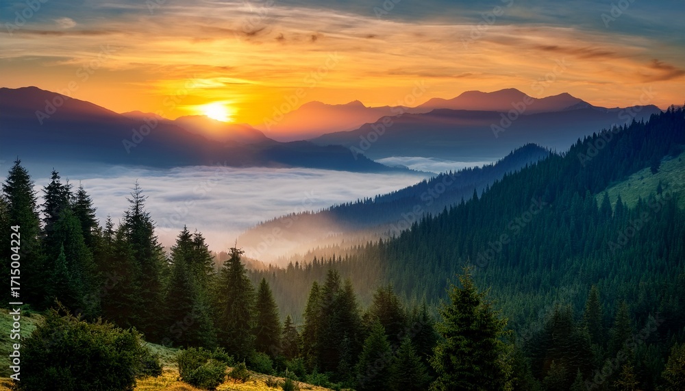 Fototapeta premium Serene Sunset Over Majestic Mountains Surrounded By Dense Pine Forests And Soft Mist In A Tranquil Landscape