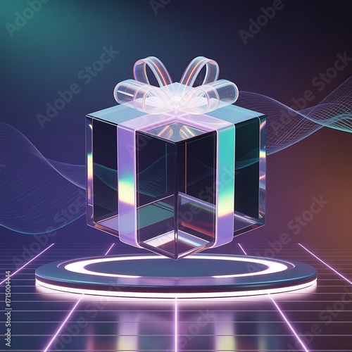 Holographic gift box on futuristic platform.