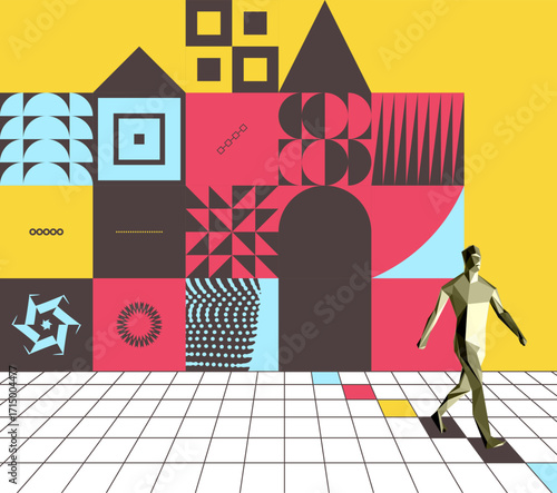 A figure of a person walking away from a virtual home. Geometric art. An abstract man striding forward. 3D modelling of human body in virtual space. Vecor for cover, card, brochure or presentation.
