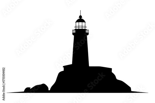 Silhouette of  lighthouse standing tall on  rocky outcrop