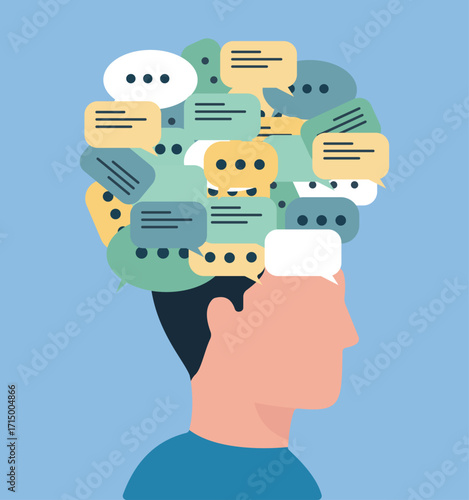 A stylized head filled with speech bubbles, symbolizing active thought, communication, and mental processing in a vibrant, minimal style.