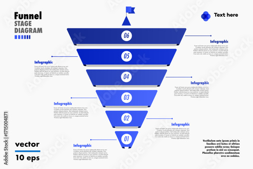Funnel infographic vector template 6 steps modern 3d style for presentation, start up project, business strategy, theory basic operation, logic analysis 10 eps