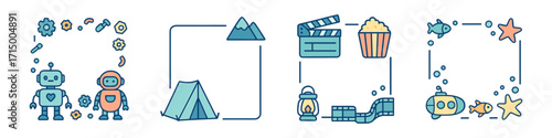 robots, camping, cinema and underwater frames set