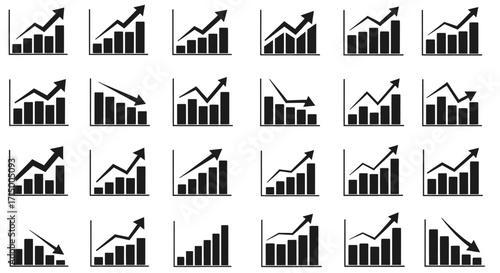 Bar Chart and Line Graph Icon Set Featuring 20 black and white Variations of Data up and down Trends — Financial, Business, and Statistical Visualization Elements
