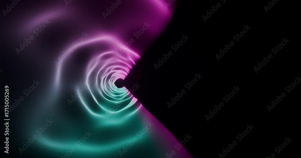 Túnel abstrato de luz magenta e teal com brilho suave, anéis orgânicos em movimento e corte geométrico à direita sobre fundo preto — visual futurista/tech com amplo espaço negativo para títulos