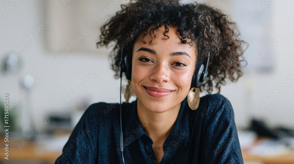 Fototapeta premium Smiling Woman With Curly Hair Wearing A Headset In An Office Setting. Customer Service Representative Engaging In A Call