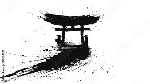 Abstract ink brush illustration of Japanese torii shrine gate in grunge style