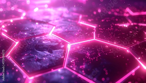 A vibrant display of glowing hexagons, showcasing intricate data visualizations within a dynamic, futuristic design.